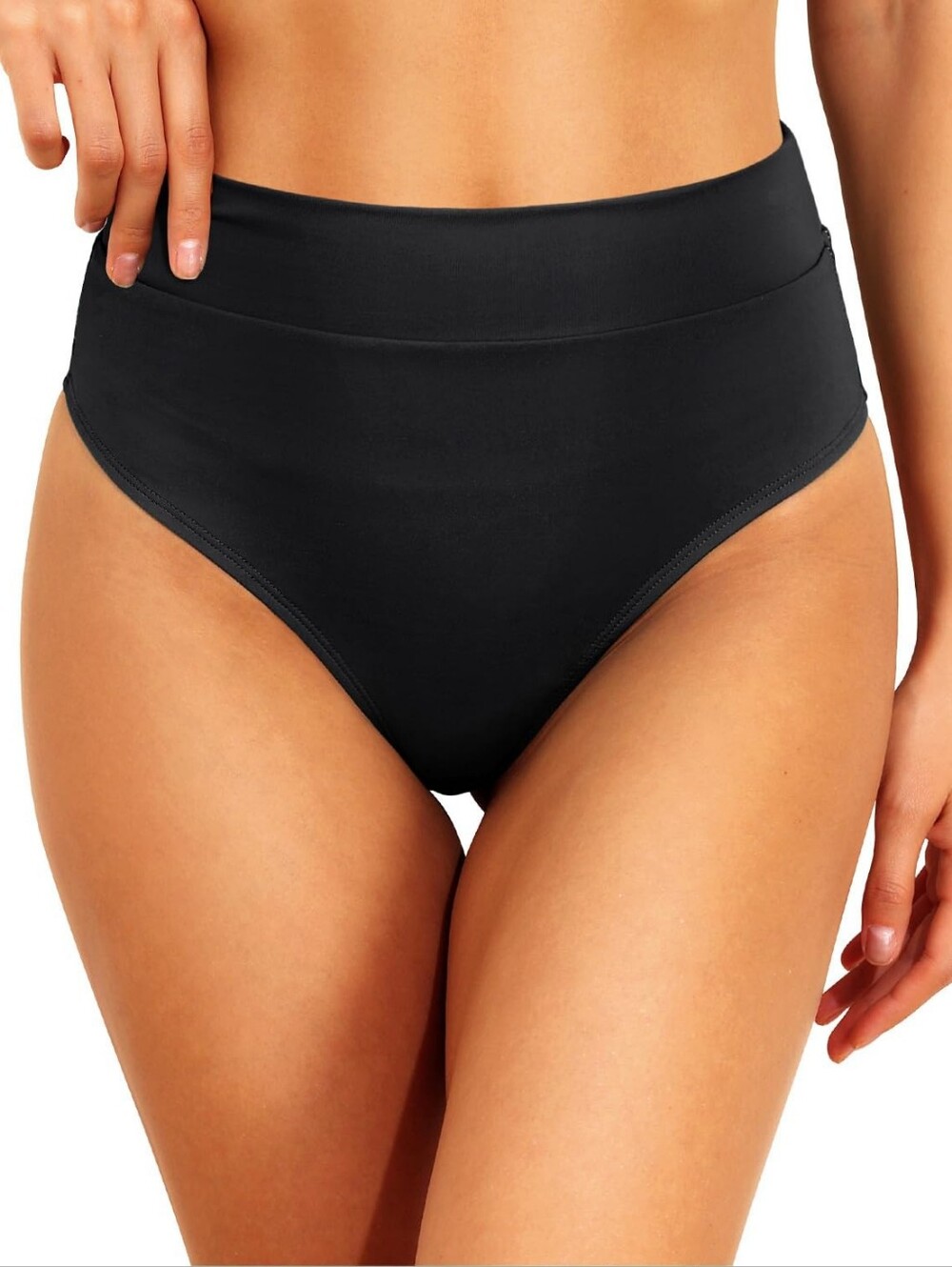 Women Black High Waisted Cheeky Bikini Bottom Tummy Control Scrunch Butt Swim, M